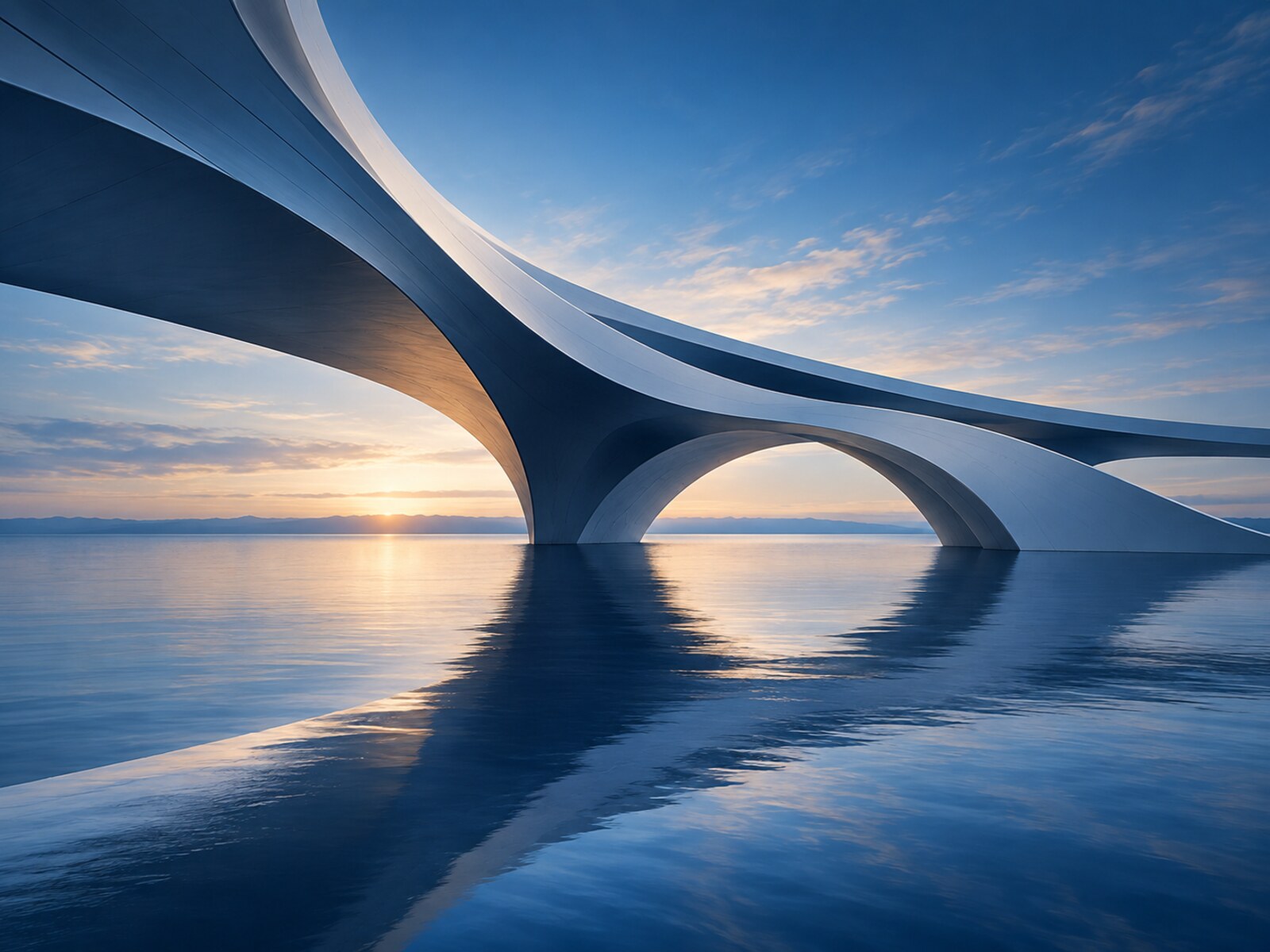Sweeping modern architecture over calm water