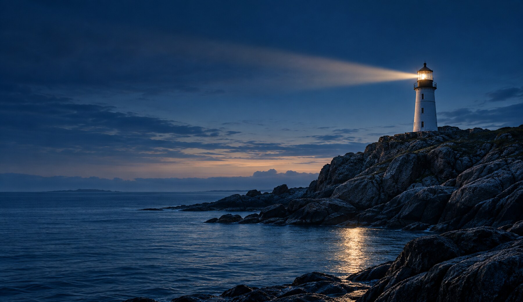 Lighthouse guiding across a calm rocky coastline